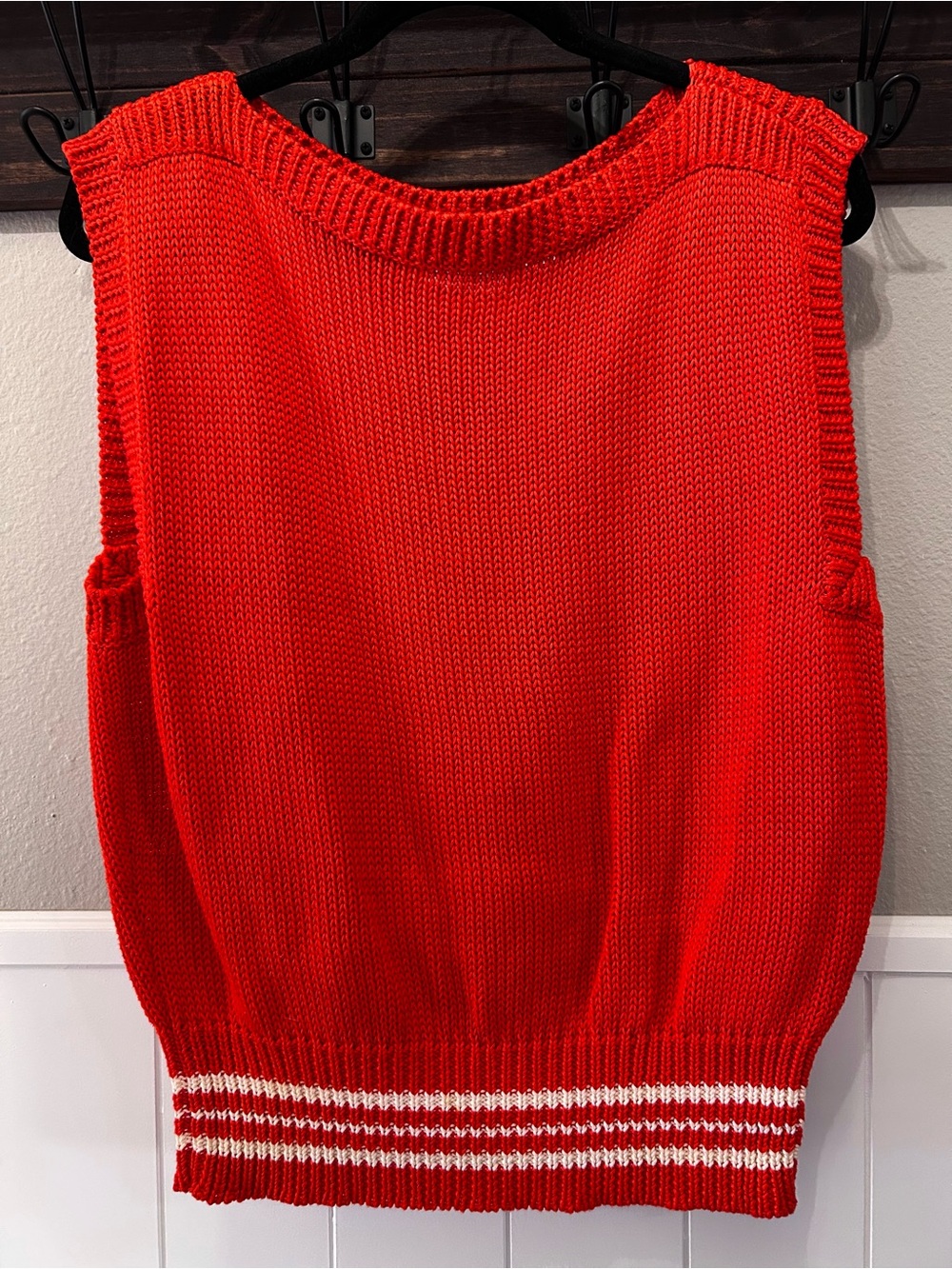 Vintage Liz Claiborne Cotton Poppy Red Chunky Knit Sweater Vest Stripe Waistband - Picture 2 of 4